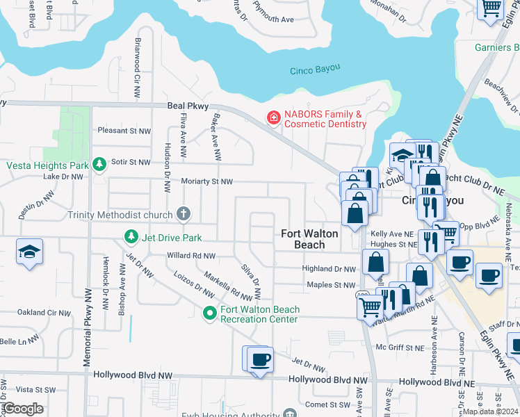 map of restaurants, bars, coffee shops, grocery stores, and more near 123 Robinwood Drive Northwest in Fort Walton Beach
