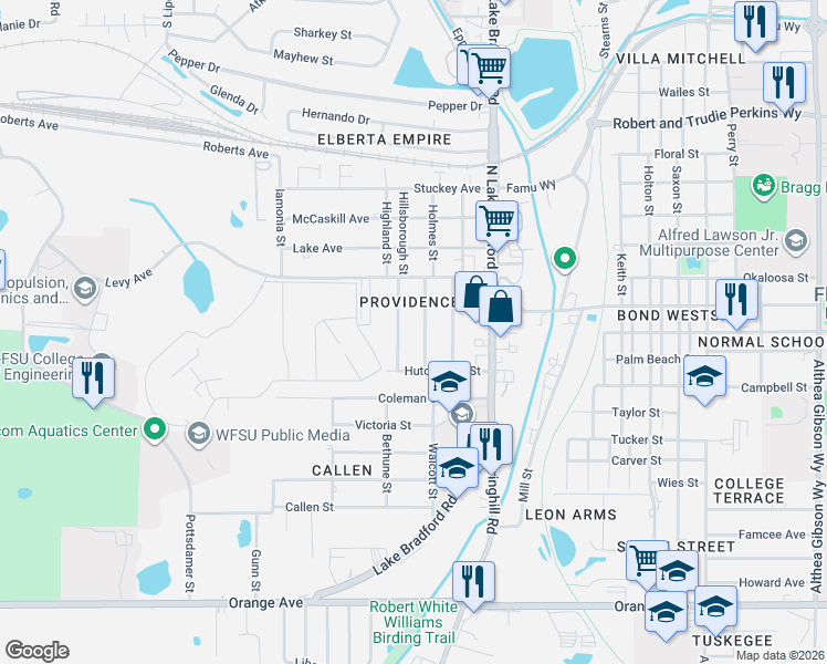 map of restaurants, bars, coffee shops, grocery stores, and more near 2049 Hillsborough Street in Tallahassee