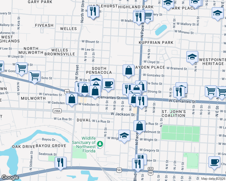 map of restaurants, bars, coffee shops, grocery stores, and more near 2300 West Cervantes Street in Pensacola