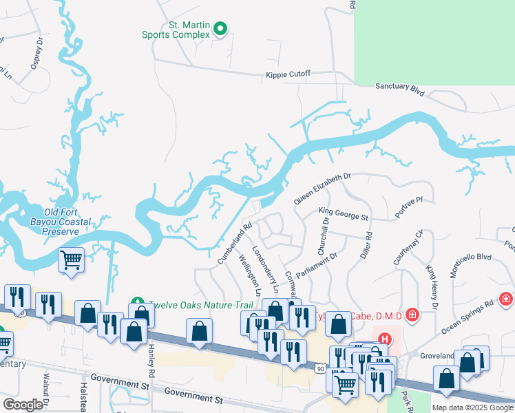 map of restaurants, bars, coffee shops, grocery stores, and more near 3230 Cumberland Road in Ocean Springs