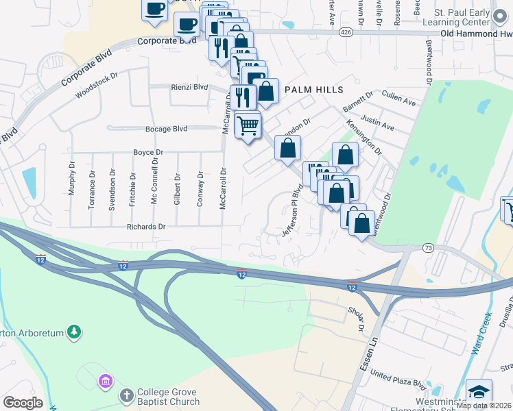 map of restaurants, bars, coffee shops, grocery stores, and more near 7543 North Jefferson Place Circle in Baton Rouge