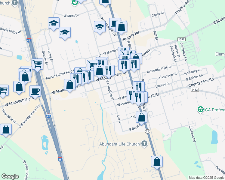 map of restaurants, bars, coffee shops, grocery stores, and more near 400 West Watson Street in Willis