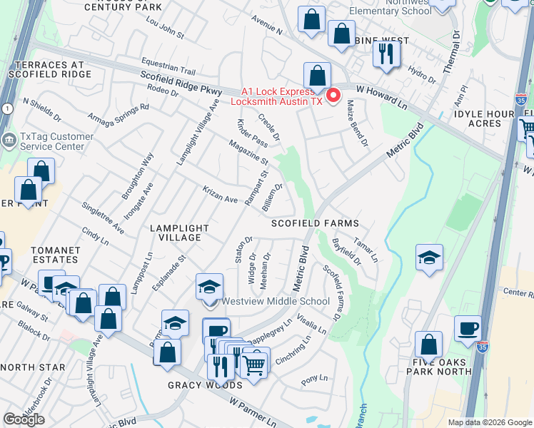 map of restaurants, bars, coffee shops, grocery stores, and more near 1802 Krizan Avenue in Austin
