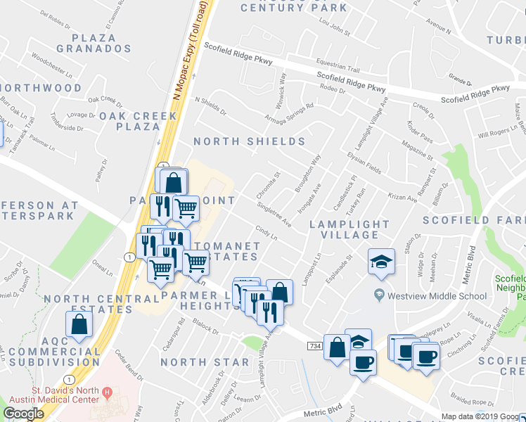 map of restaurants, bars, coffee shops, grocery stores, and more near 2213 Singletree Avenue in Austin