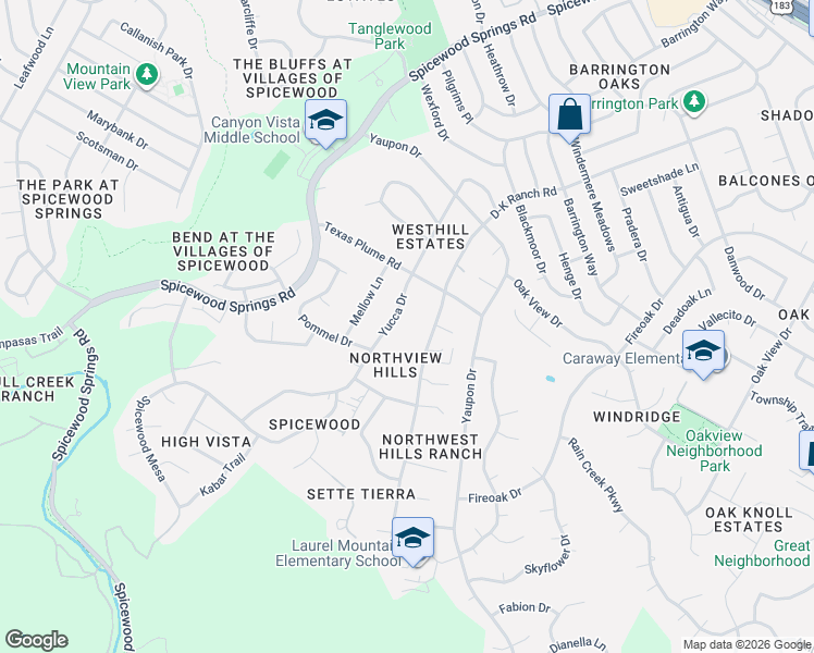 map of restaurants, bars, coffee shops, grocery stores, and more near 10711 Yucca Drive in Austin