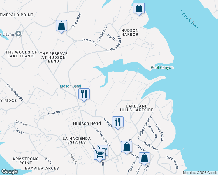 map of restaurants, bars, coffee shops, grocery stores, and more near 16026 Pool Canyon Road in Austin