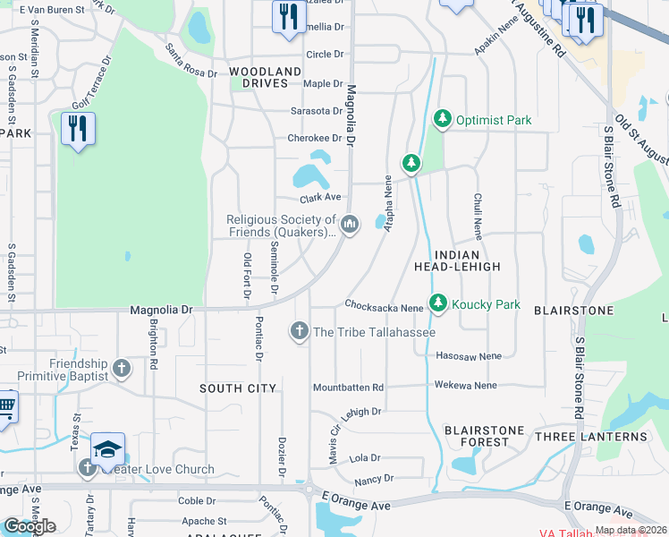map of restaurants, bars, coffee shops, grocery stores, and more near 2017 South Magnolia Drive in Tallahassee