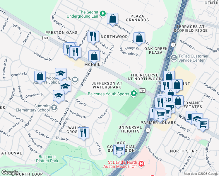 map of restaurants, bars, coffee shops, grocery stores, and more near 3401 West Parmer Lane in Austin