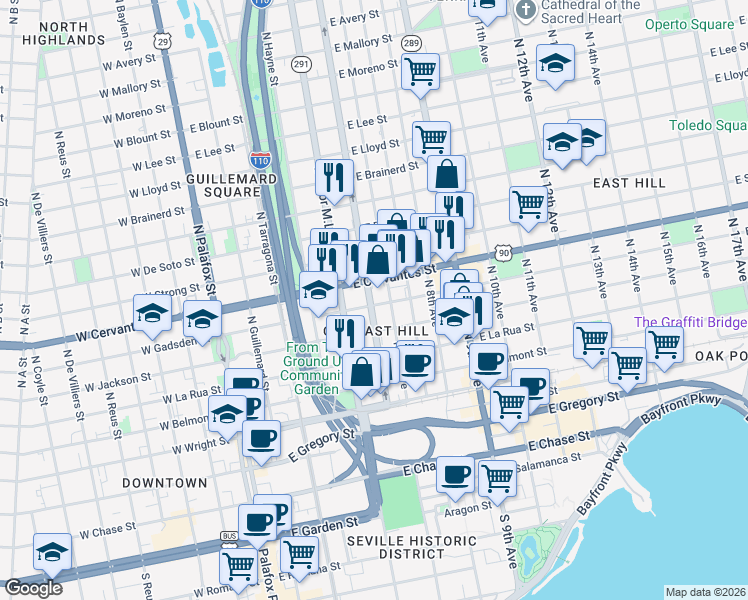 map of restaurants, bars, coffee shops, grocery stores, and more near 502 East Gadsden Street in Pensacola
