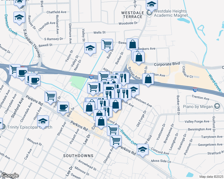 map of restaurants, bars, coffee shops, grocery stores, and more near 2928 College Drive in Baton Rouge