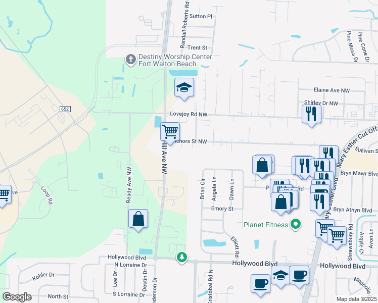 map of restaurants, bars, coffee shops, grocery stores, and more near 702 Anchors Street Northwest in Fort Walton Beach