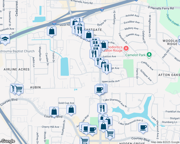 map of restaurants, bars, coffee shops, grocery stores, and more near 11616 Southfork Avenue in Baton Rouge