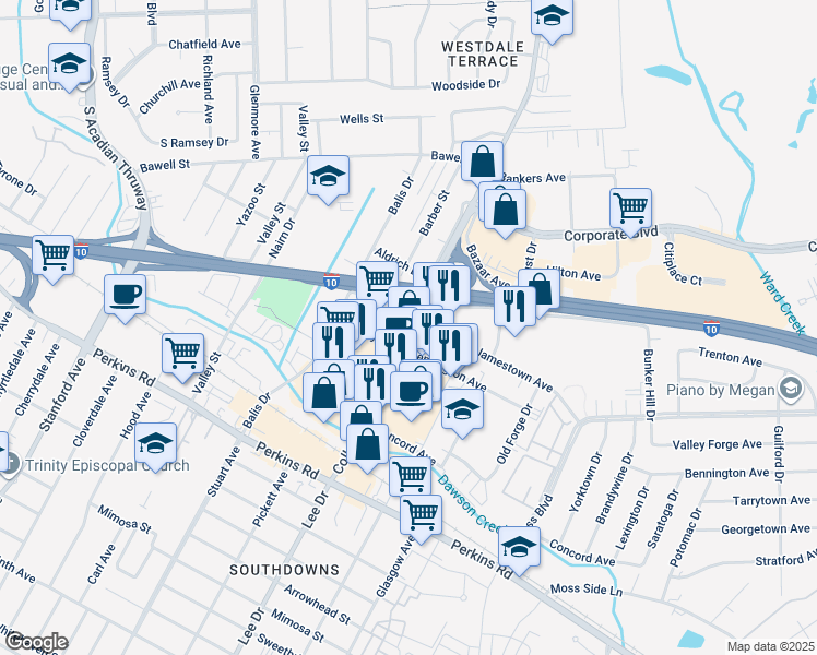 map of restaurants, bars, coffee shops, grocery stores, and more near 2928 College Drive in Baton Rouge