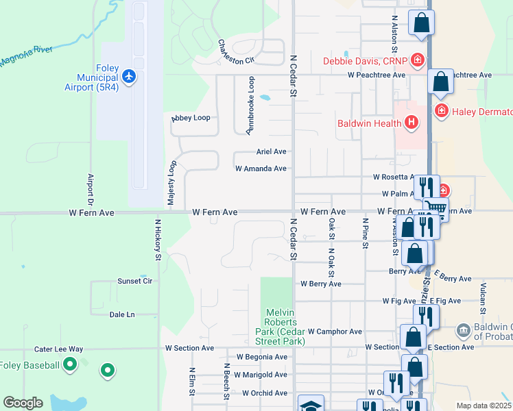 map of restaurants, bars, coffee shops, grocery stores, and more near 602 West Fern Avenue in Foley