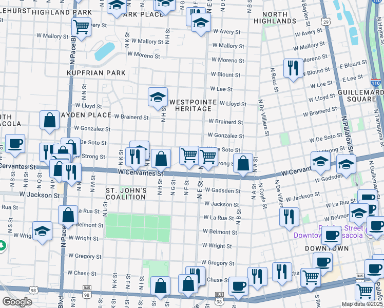 map of restaurants, bars, coffee shops, grocery stores, and more near 900 North F Street in Pensacola