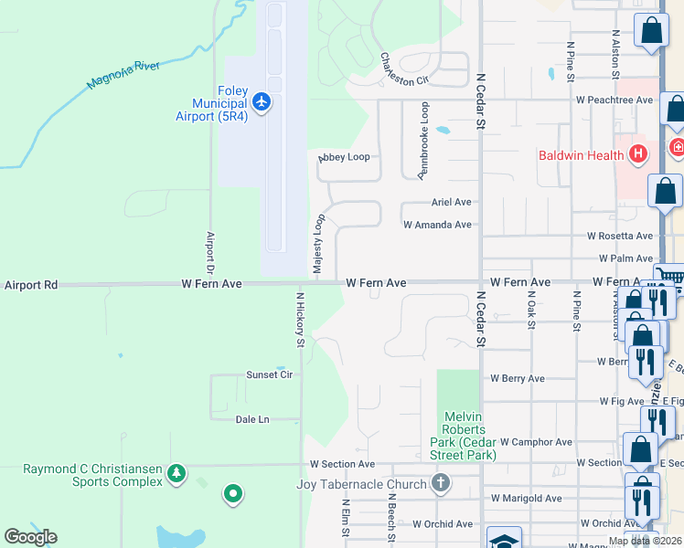 map of restaurants, bars, coffee shops, grocery stores, and more near 808 West Fern Avenue in Foley