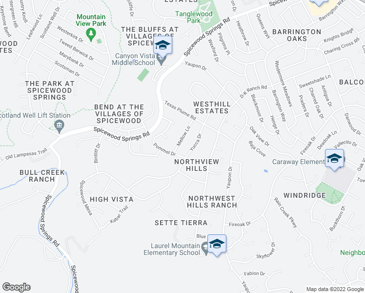 map of restaurants, bars, coffee shops, grocery stores, and more near 10705 Mellow Lane in Austin