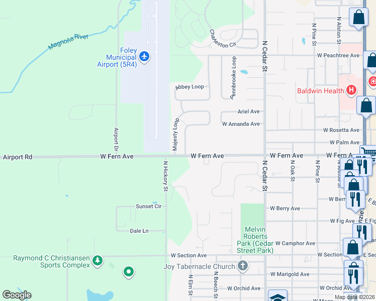 map of restaurants, bars, coffee shops, grocery stores, and more near 748-778 West Fern Avenue in Foley
