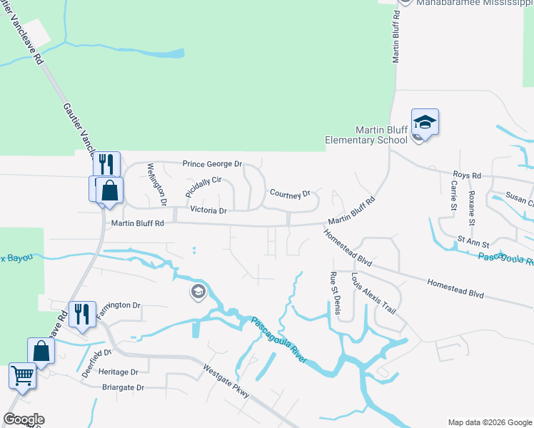 map of restaurants, bars, coffee shops, grocery stores, and more near 1822 Martin Bluff Road in Gautier