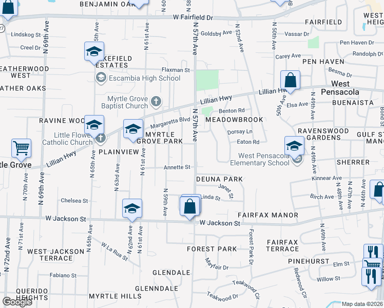 map of restaurants, bars, coffee shops, grocery stores, and more near 910 North 58th Avenue in Pensacola