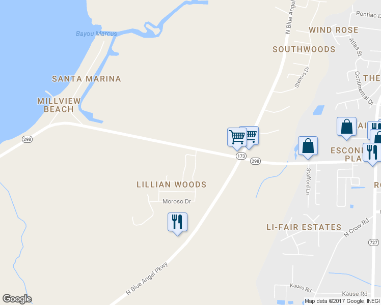 map of restaurants, bars, coffee shops, grocery stores, and more near 1480 Watkins Trail in Pensacola