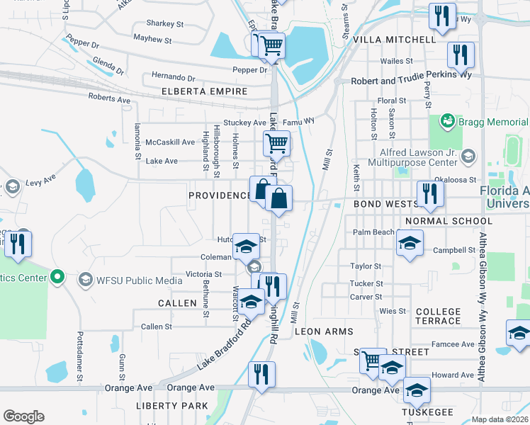 map of restaurants, bars, coffee shops, grocery stores, and more near 2118 North Lake Bradford Road in Tallahassee