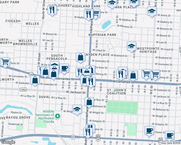 map of restaurants, bars, coffee shops, grocery stores, and more near 2100 West Cervantes Street in Pensacola