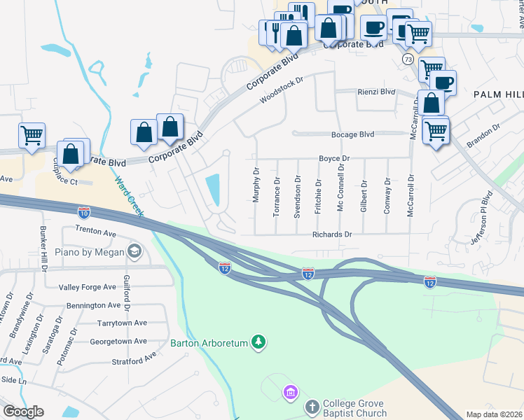 map of restaurants, bars, coffee shops, grocery stores, and more near 3211 Murphy Drive in Baton Rouge