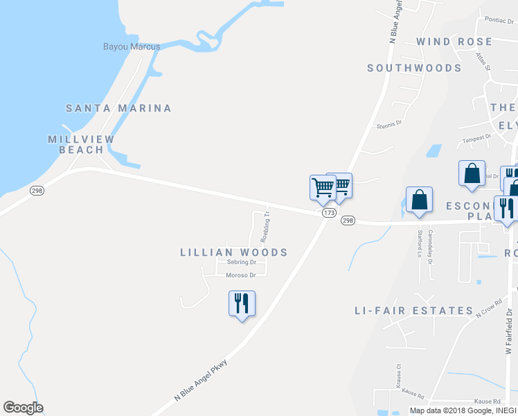 map of restaurants, bars, coffee shops, grocery stores, and more near 1491 Watkins Trail in Pensacola