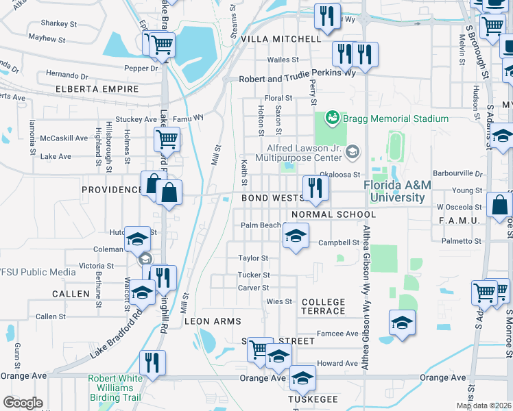 map of restaurants, bars, coffee shops, grocery stores, and more near 841 Osceola Street in Tallahassee