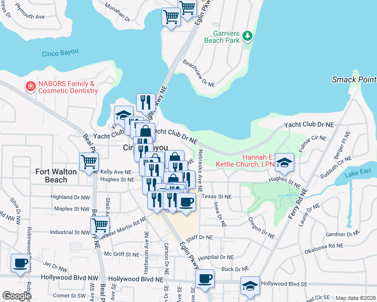 map of restaurants, bars, coffee shops, grocery stores, and more near 105 Opp Boulevard Northeast in Fort Walton Beach