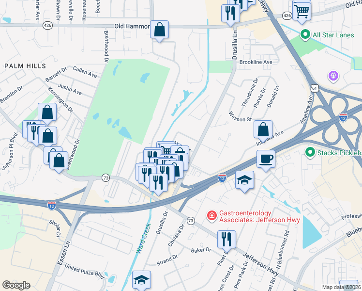 map of restaurants, bars, coffee shops, grocery stores, and more near 8980 Alma Drive in Baton Rouge