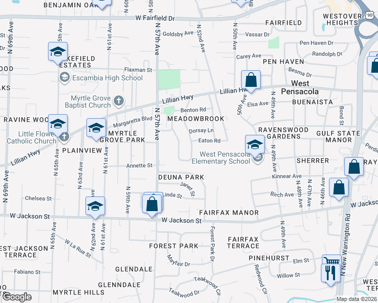 map of restaurants, bars, coffee shops, grocery stores, and more near 34 Adkinson Drive in Pensacola