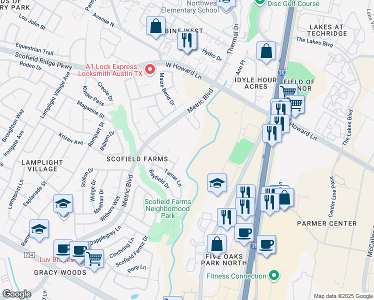 map of restaurants, bars, coffee shops, grocery stores, and more near 13401 Metric Boulevard in Austin