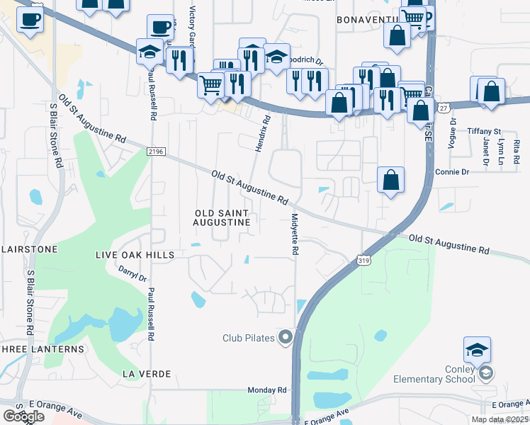 map of restaurants, bars, coffee shops, grocery stores, and more near 2507 Old Saint Augustine Road in Tallahassee