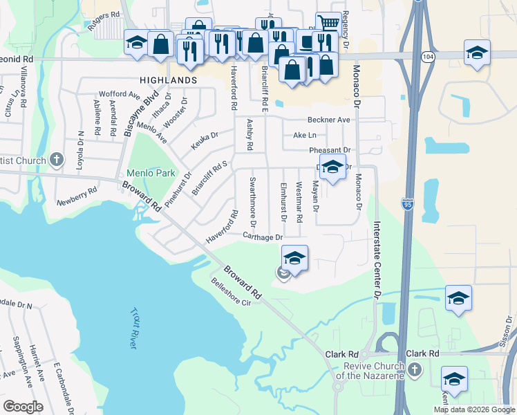 map of restaurants, bars, coffee shops, grocery stores, and more near 10243 Swarthmore Drive in Jacksonville