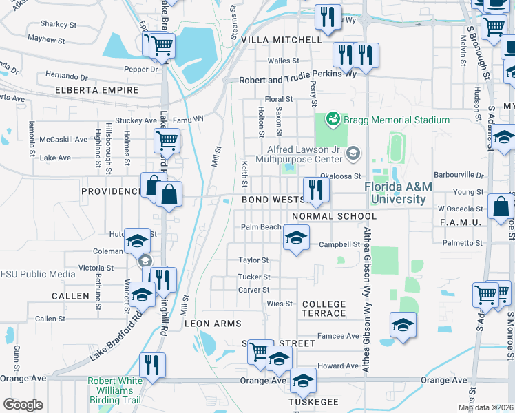 map of restaurants, bars, coffee shops, grocery stores, and more near 841 Osceola Street in Tallahassee