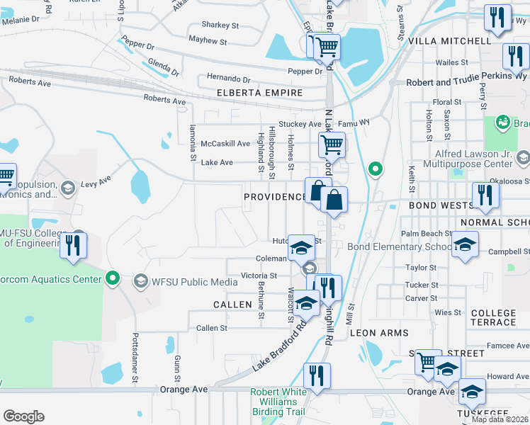 map of restaurants, bars, coffee shops, grocery stores, and more near 2049 Hillsborough Street in Tallahassee