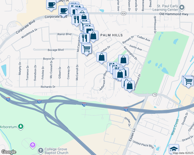 map of restaurants, bars, coffee shops, grocery stores, and more near 7543 North Jefferson Place Circle in Baton Rouge