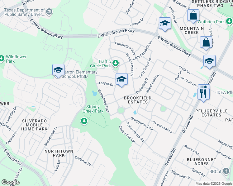 map of restaurants, bars, coffee shops, grocery stores, and more near 1217 Darjeeling Drive in Pflugerville