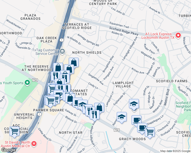map of restaurants, bars, coffee shops, grocery stores, and more near 2213 Singletree Avenue in Austin