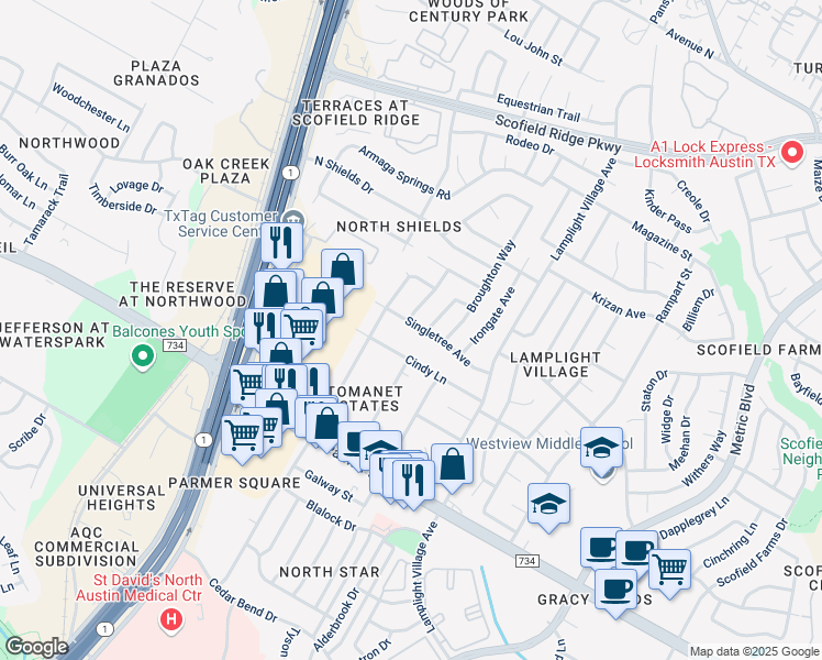map of restaurants, bars, coffee shops, grocery stores, and more near 2213 Singletree Avenue in Austin