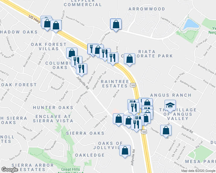 map of restaurants, bars, coffee shops, grocery stores, and more near 5833 Secrest Drive in Austin