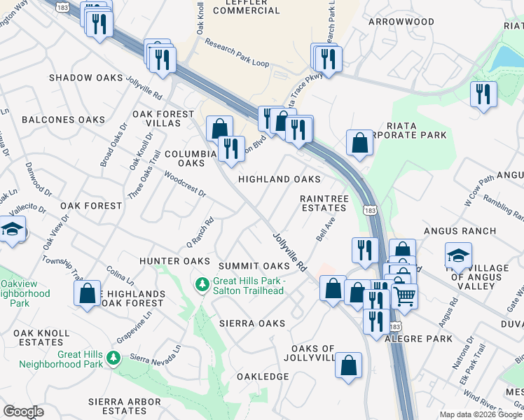map of restaurants, bars, coffee shops, grocery stores, and more near 11794 Jollyville Road in Austin