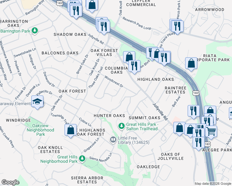 map of restaurants, bars, coffee shops, grocery stores, and more near 11600 Leapwood Place in Austin