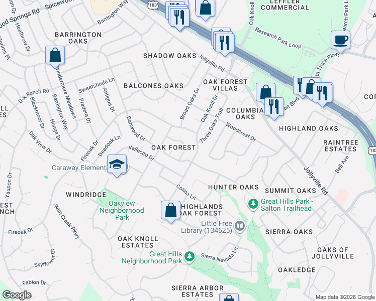 map of restaurants, bars, coffee shops, grocery stores, and more near 6700 Rustling Oaks Trail in Austin