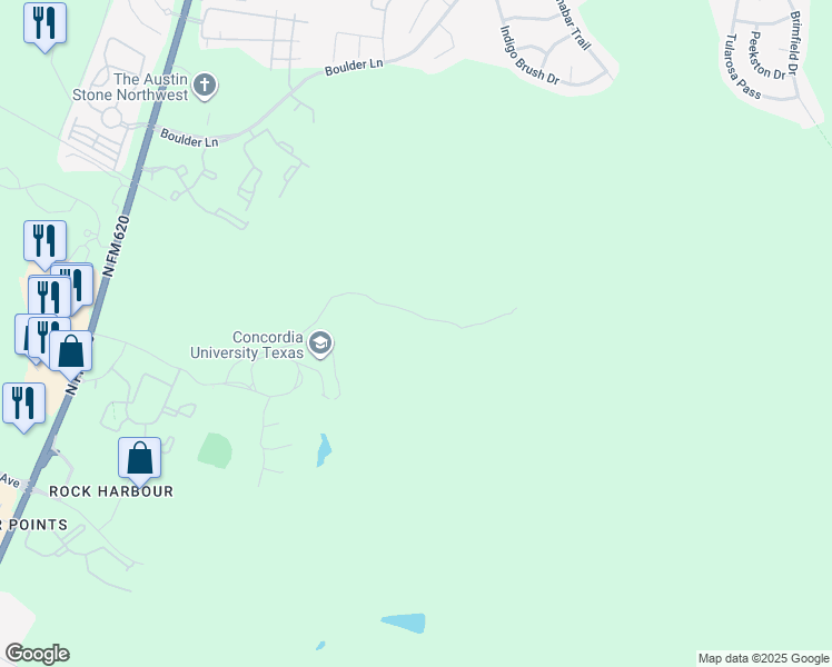 map of restaurants, bars, coffee shops, grocery stores, and more near Tornado Lane in Austin