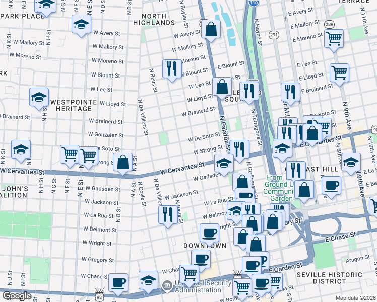 map of restaurants, bars, coffee shops, grocery stores, and more near 813 North Spring Street in Pensacola