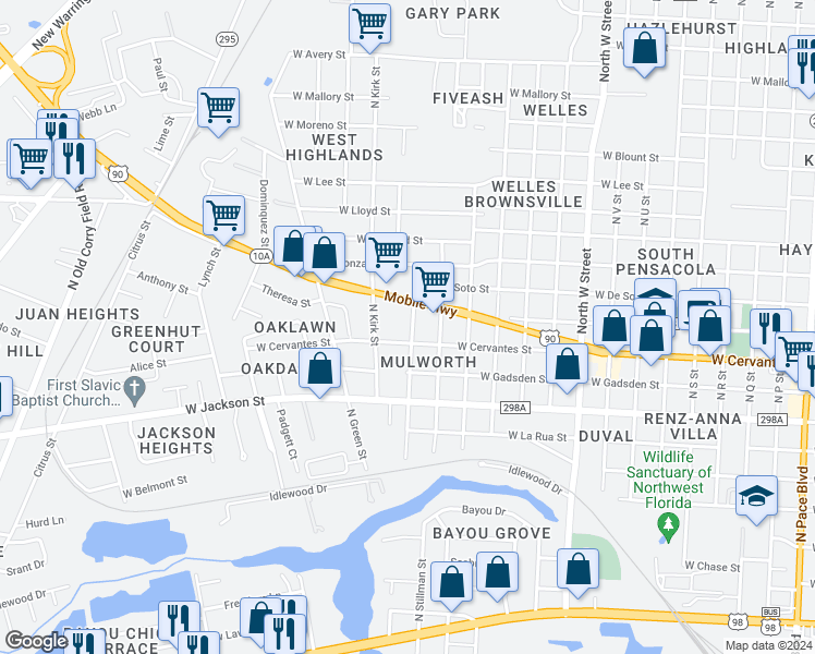 map of restaurants, bars, coffee shops, grocery stores, and more near 805 Grandview Street in Pensacola