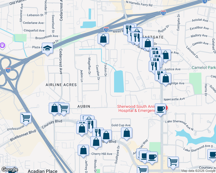 map of restaurants, bars, coffee shops, grocery stores, and more near 11070 Mead Road in Baton Rouge